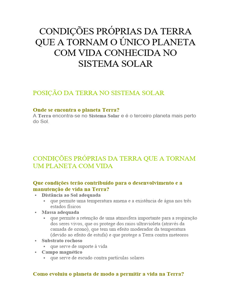 Condições da Terra para Vida no Sistema Solar | PDF | Célula (Biologia ...