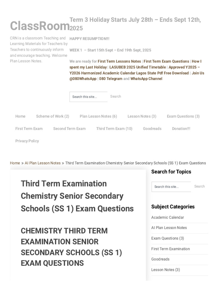 SS1 Chemistry Third Term Exam Questions | PDF | Acid | Mixture