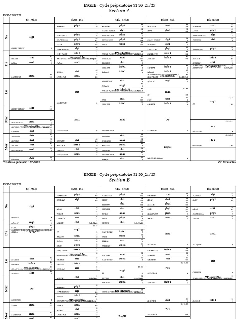 ESGEE Timetable S1-S3 2024-2025 | PDF