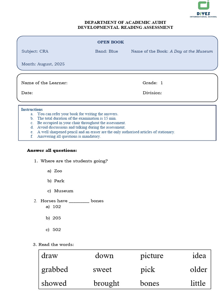 Developmental Reading Assessment for Grade 1 | PDF