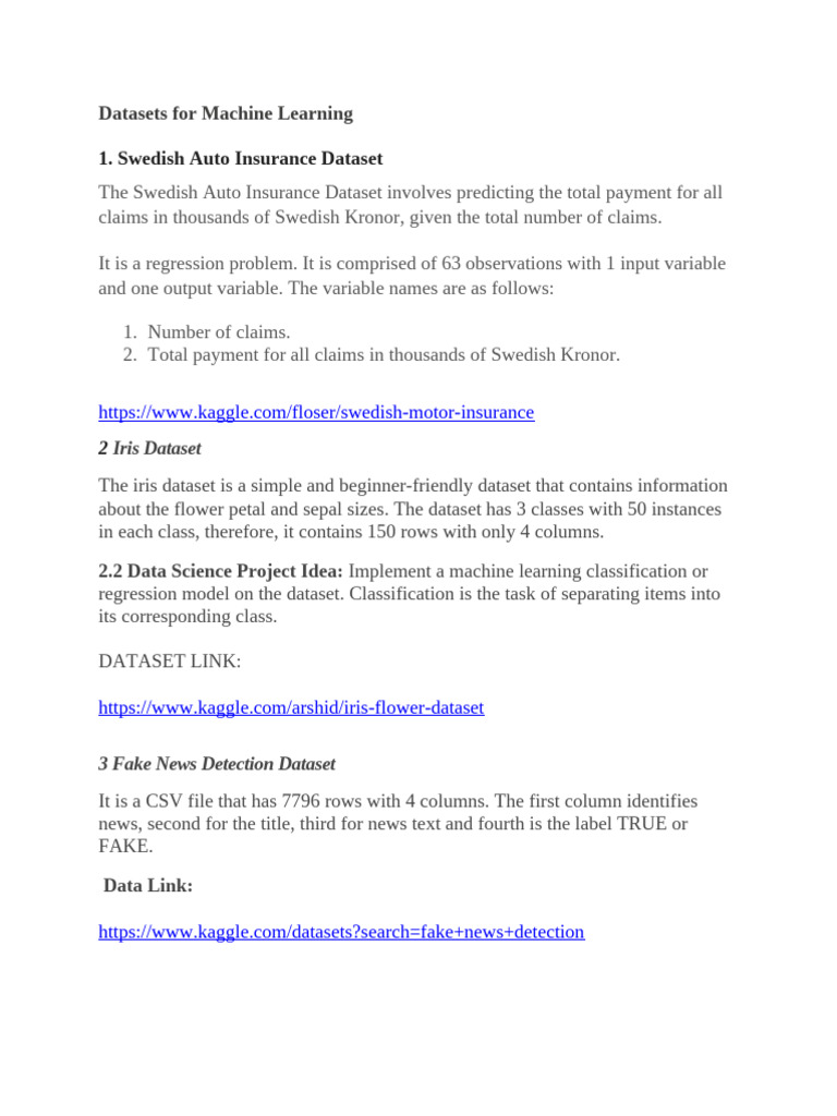 Datasets For Machine Learning | PDF | Machine Learning | Statistical ...