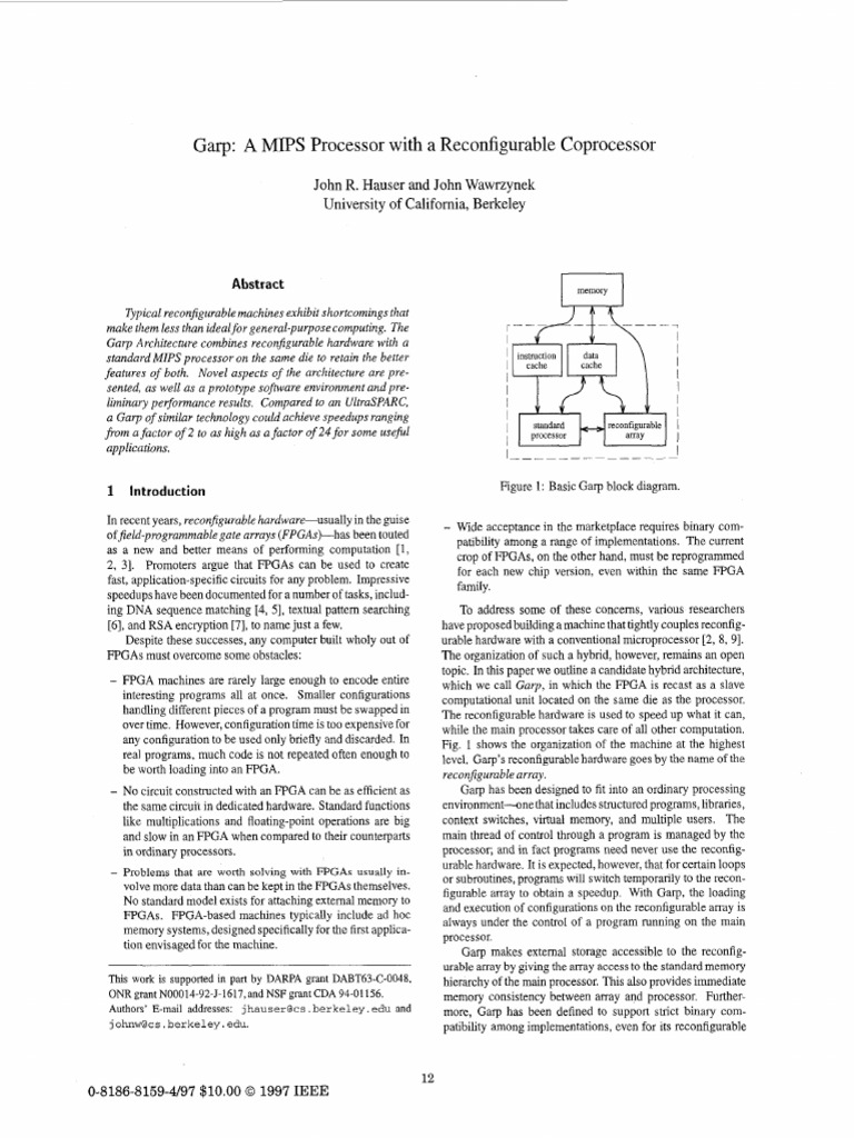 Garp A MIPS Processor With A Reconfigurable Coprocessor | PDF | Field ...