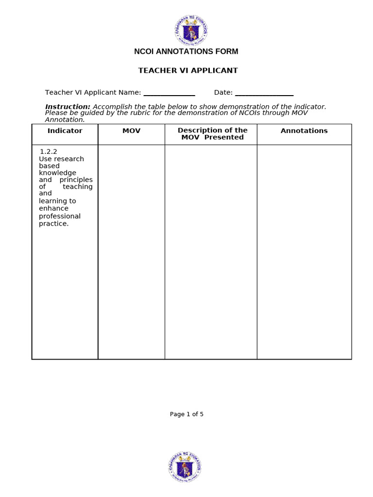 NCOI Annotations Form for Teacher VI | PDF | Pedagogy | Cognitive Science