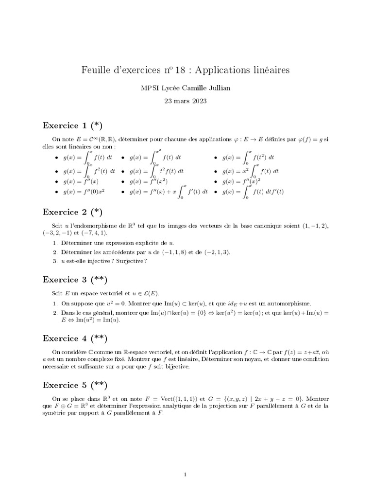 Exercices sur les applications linéaires | PDF | Base (algèbre linéaire ...