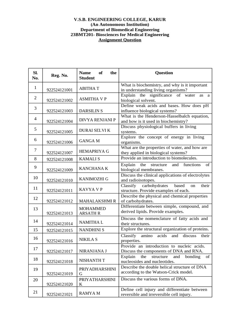Biomedical Engineering Assignment Questions | PDF | Biochemistry ...