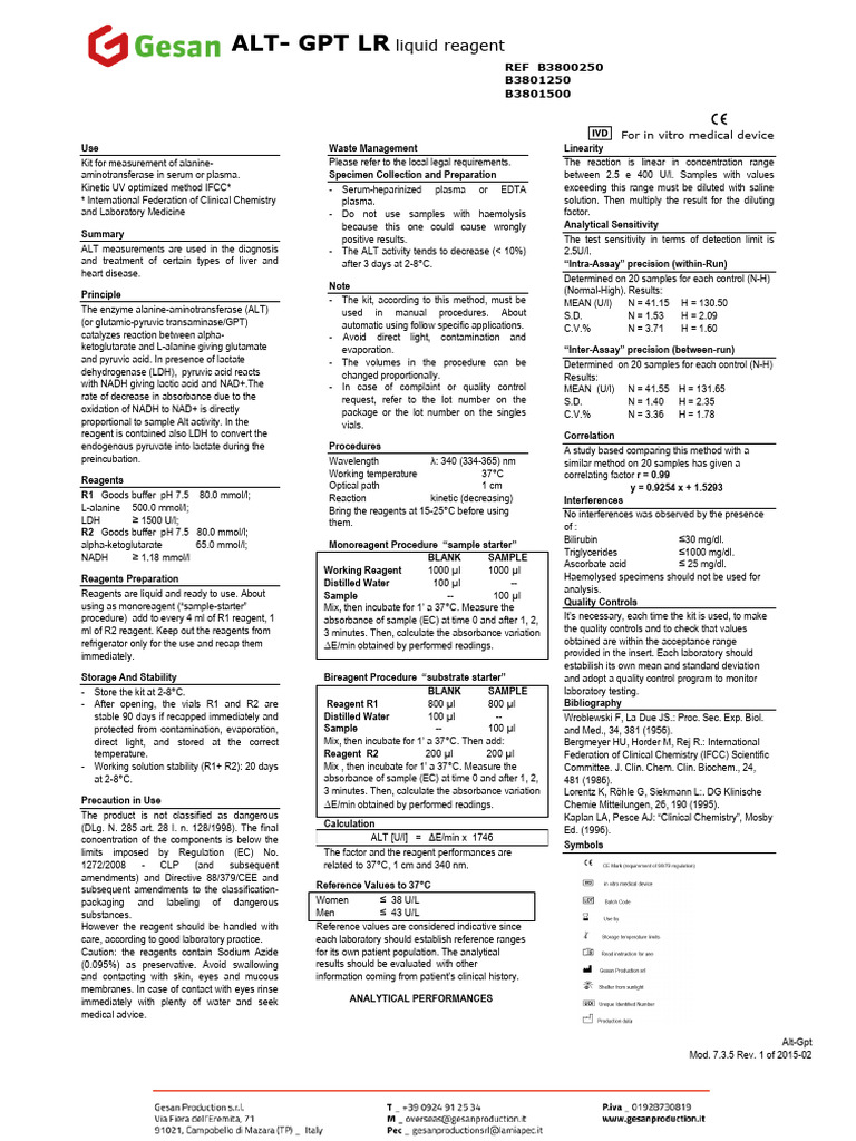 ALT Measurement Kit for Serum Testing | PDF | Alanine Transaminase ...