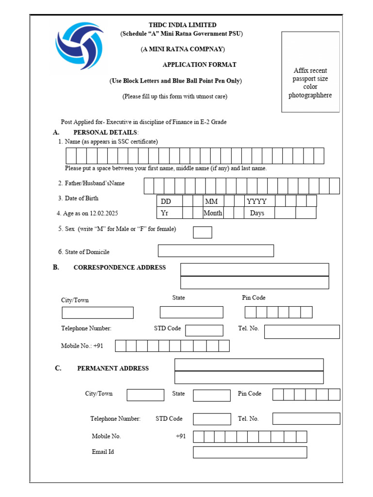 THDC India Executive Application Form | PDF | Apprenticeship
