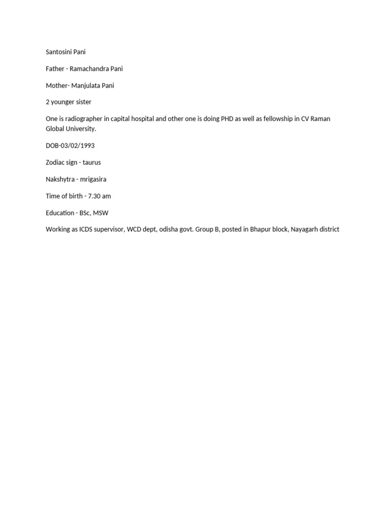 Santosini Pani: Profile & Background | PDF
