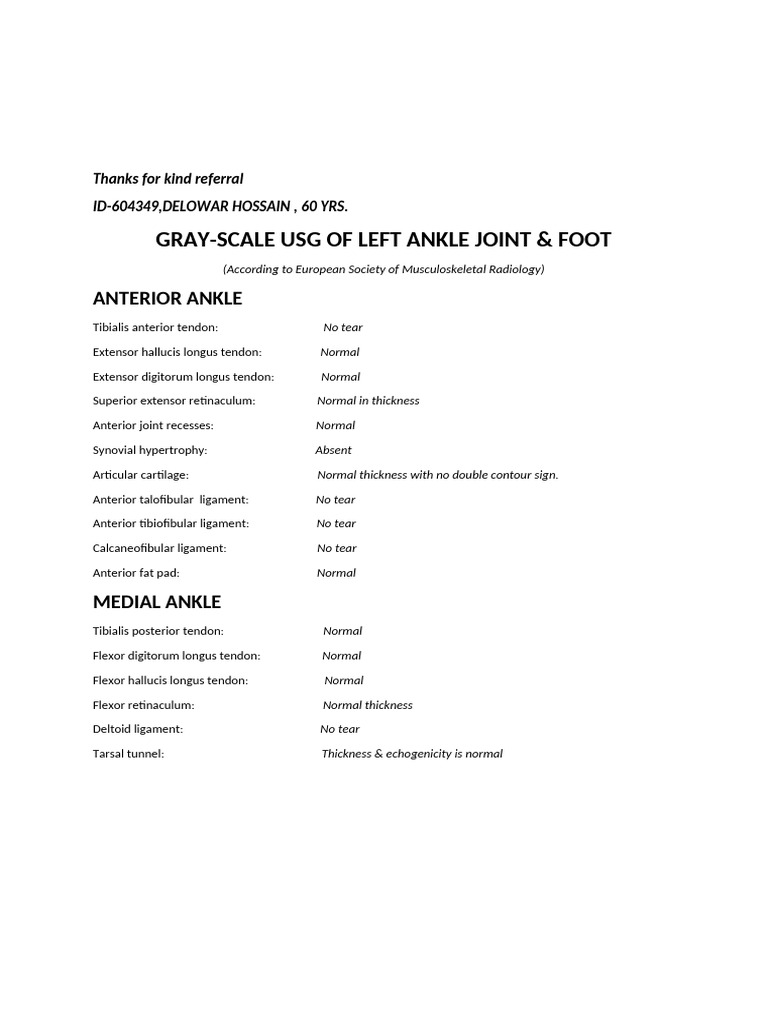 Left Ankle Joint Ultrasound Report | PDF