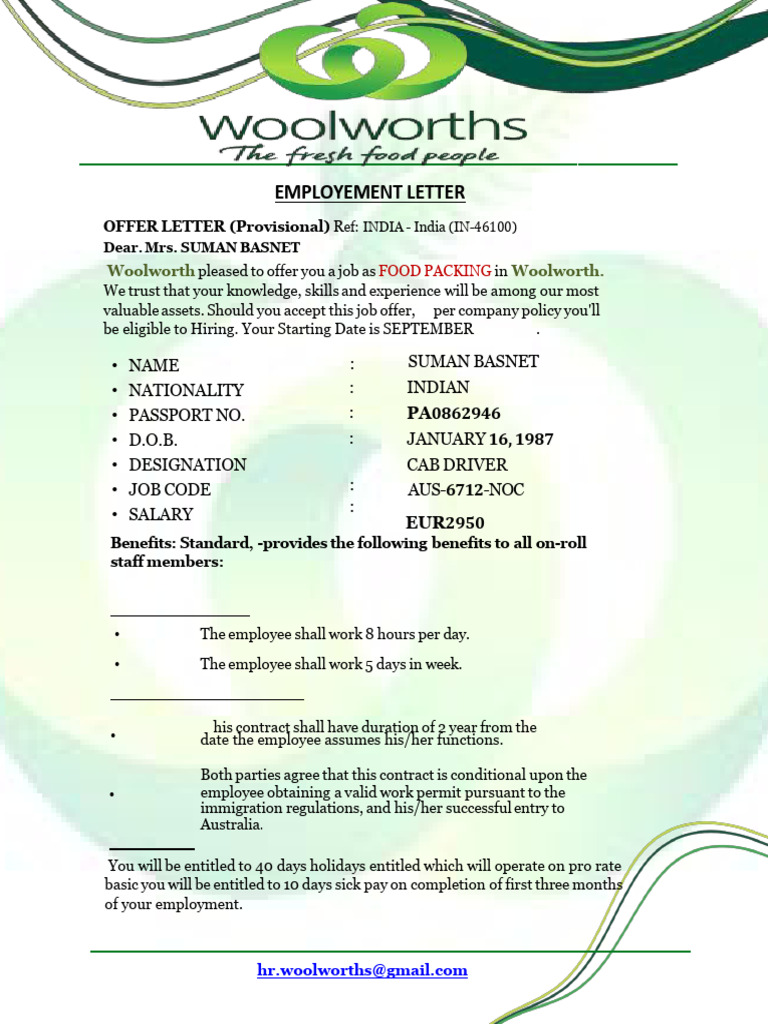 Woolworth Job Offer for Food Packing Role | PDF | Employment | Labor