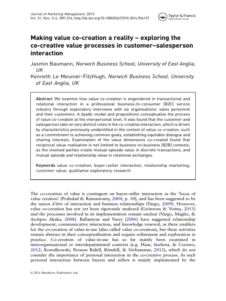 Value Co-Creation in Sales Interactions | PDF | Sales | Qualitative ...