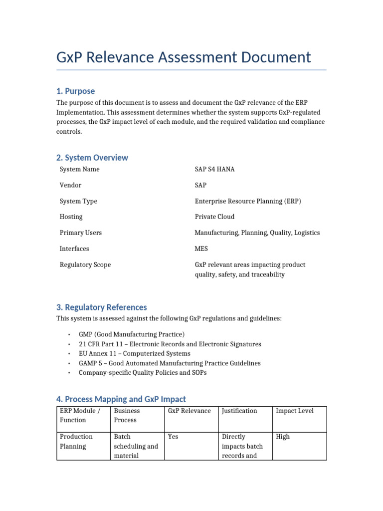 GxP Assessment for SAP S4 HANA ERP | PDF | Verification And Validation ...