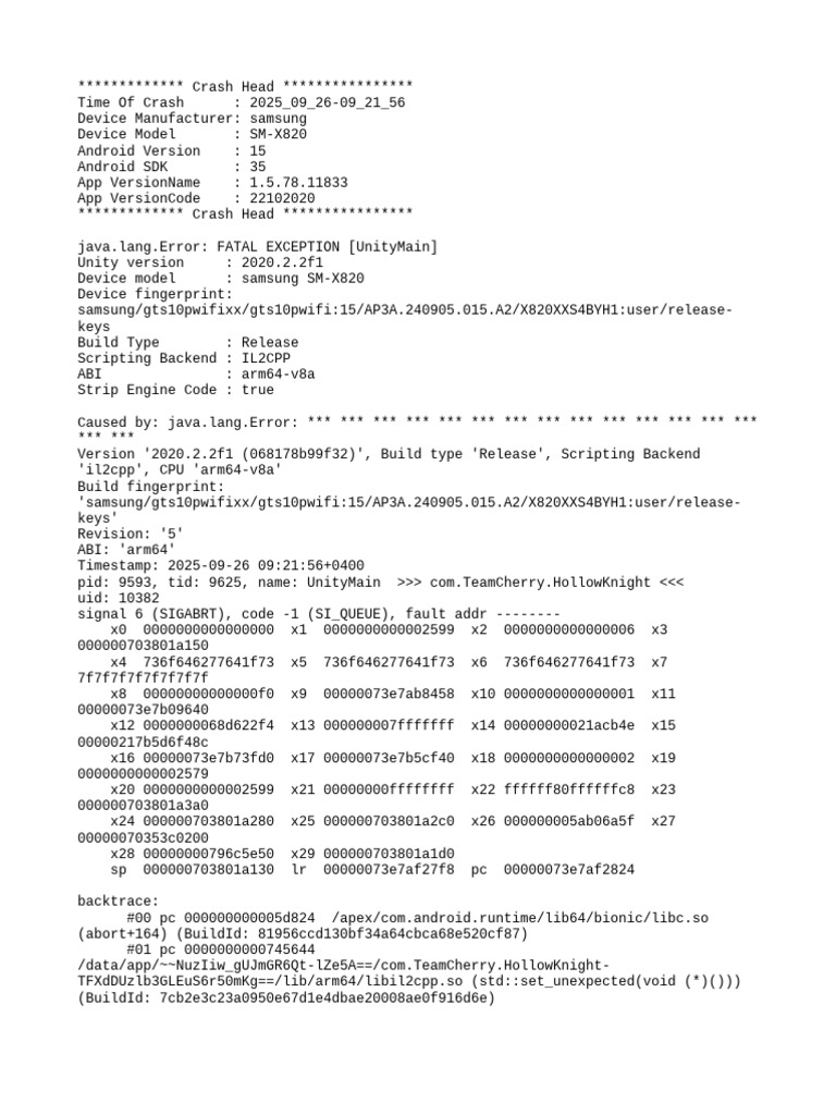 Hollow Knight Crash Report 1.5.78.11833 | PDF | Android (Operating ...