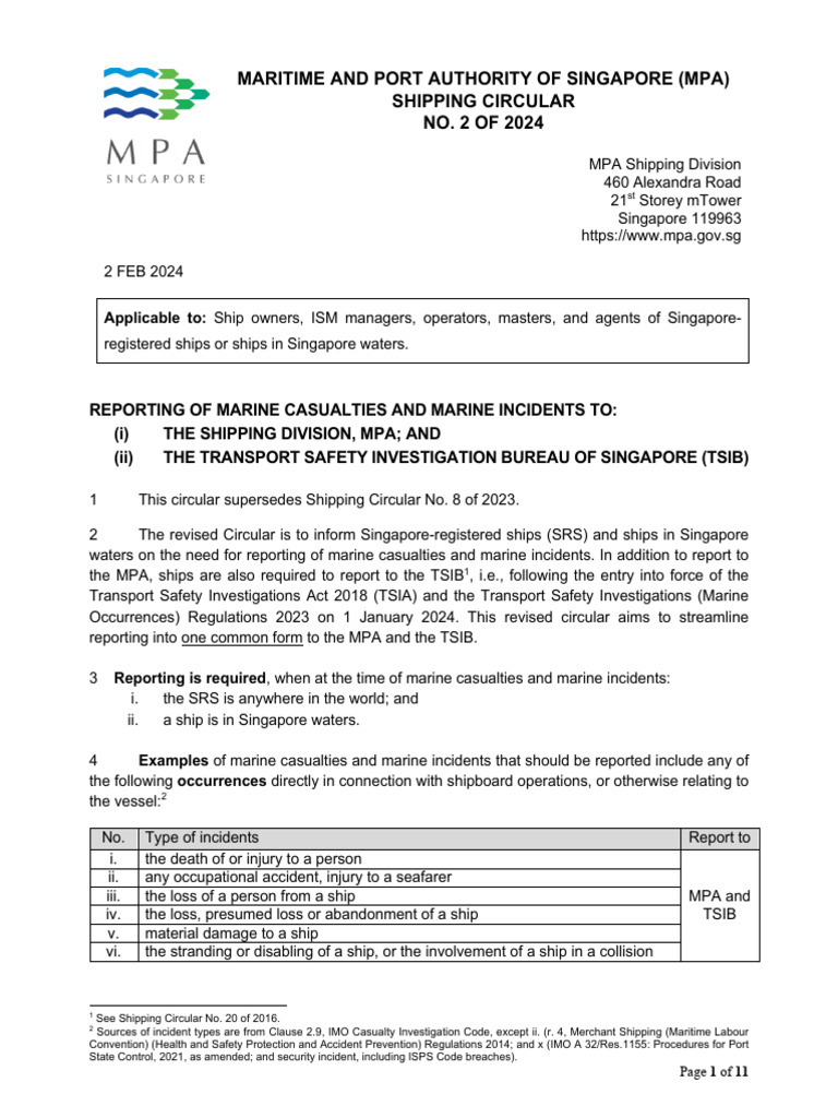 Reporting Marine Incidents in Singapore | PDF | Aviation Accidents And ...