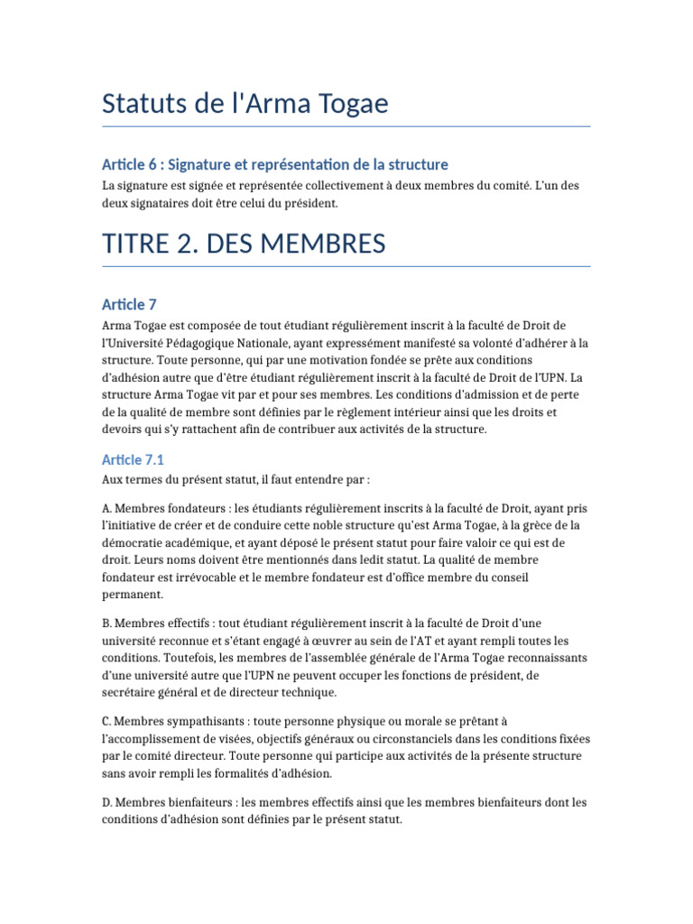 Statuts de l'Arma Togae : Organisation et Membres | PDF | Assemblée ...