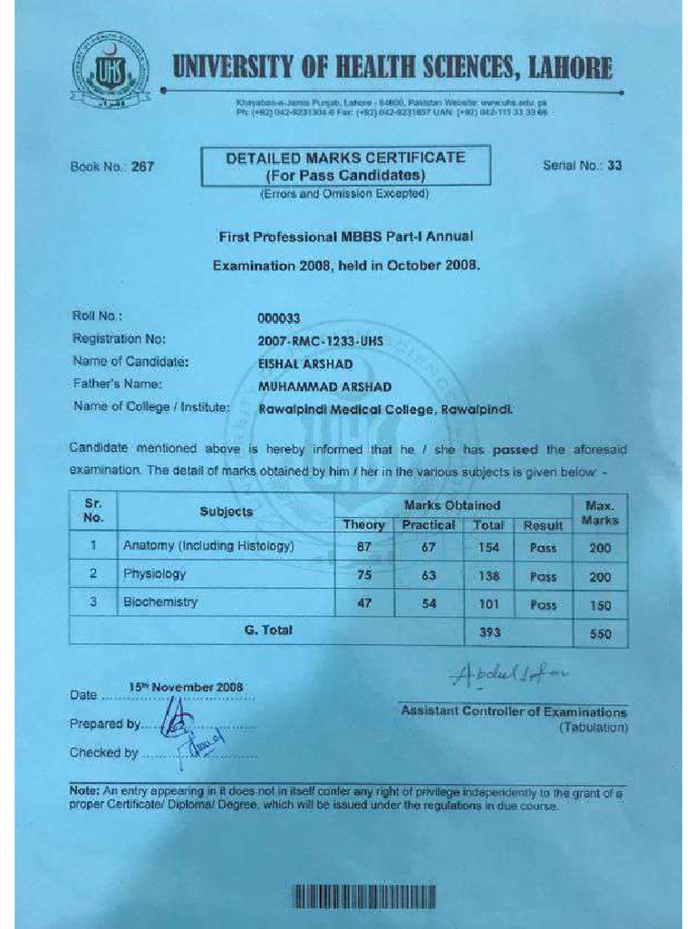 Consolidated Academic Transcript MBBS | PDF