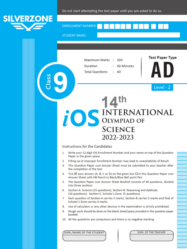 Class 9 Science Olympiad Test Paper | PDF | Force | Atoms