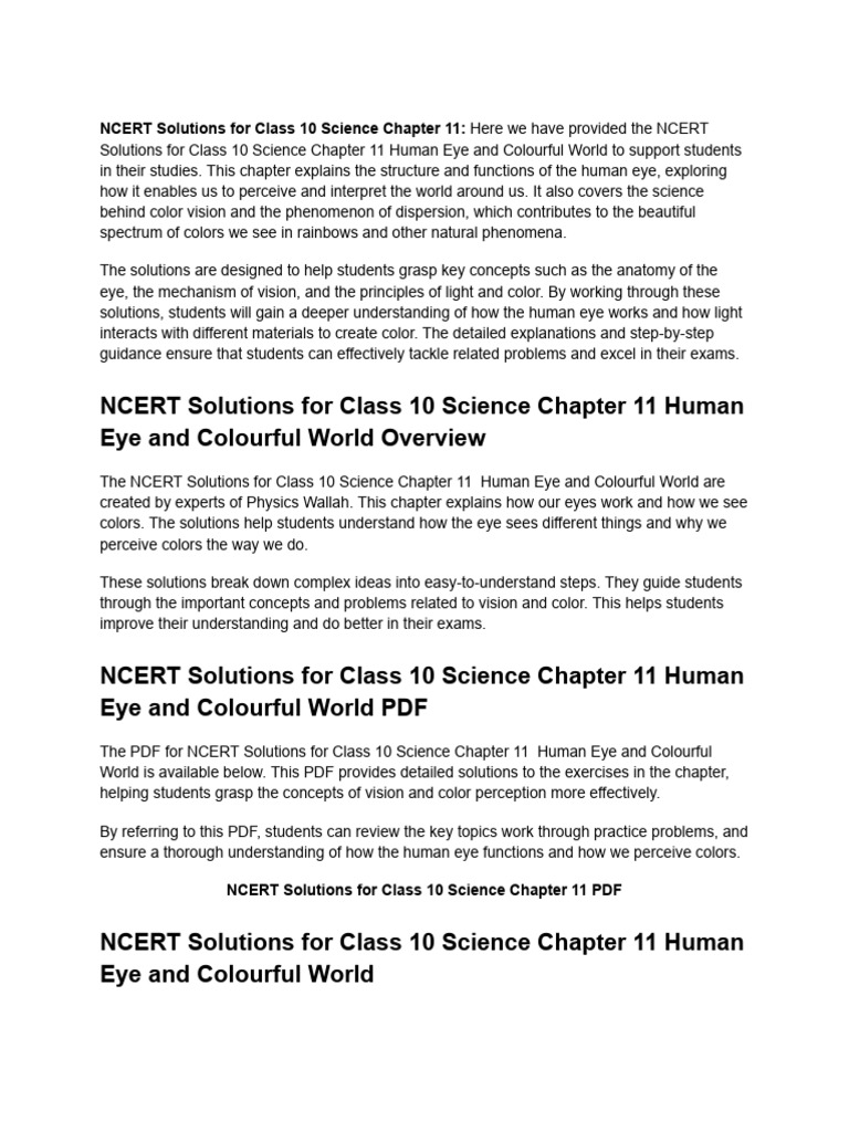 NCERT Solutions For Class 10 Science Chapter 11 Human Eye and Colourful ...