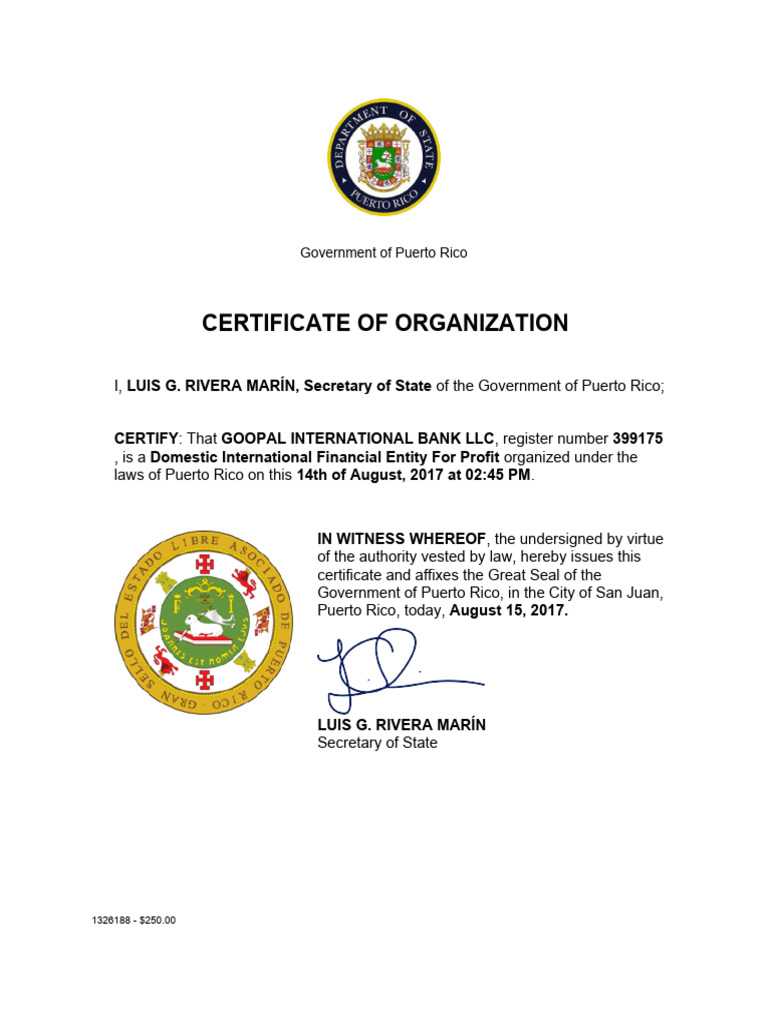 Certificate of Organization & Amendment | PDF