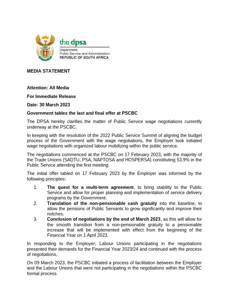 30 March 2023 Media Statement Government | PDF | Employment | Trade Union