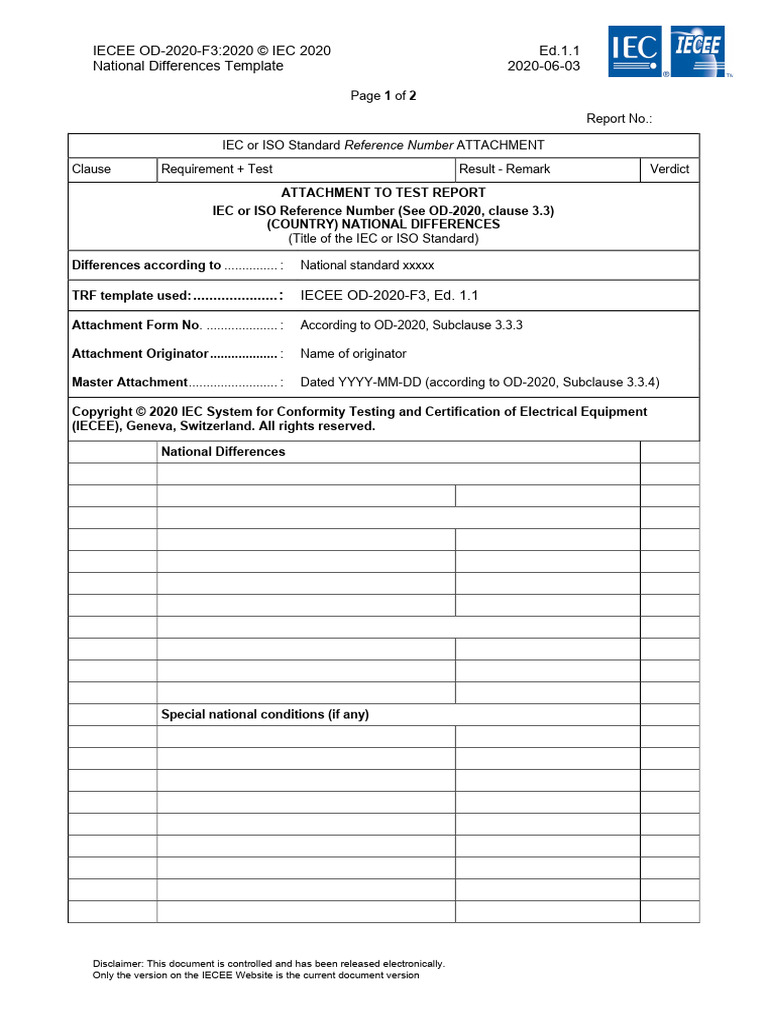 IECEE OD-2020-F3-2020 Attachment To Thetest Report Template | PDF