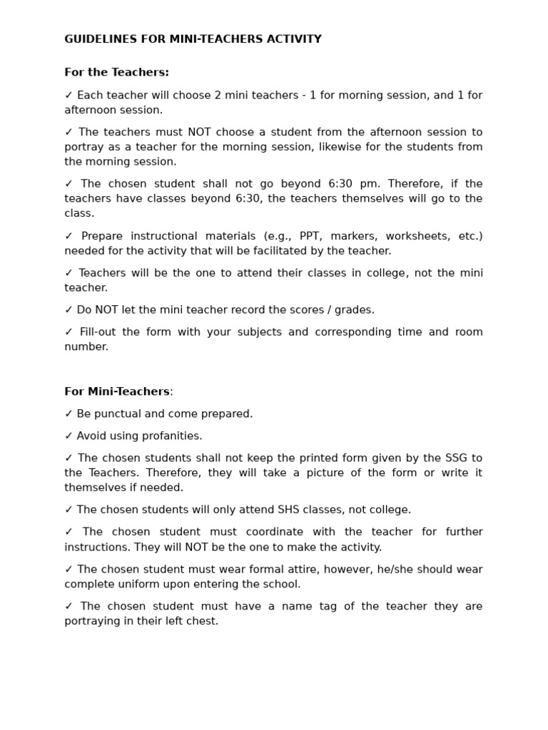 Mini Teachers Guideline | PDF