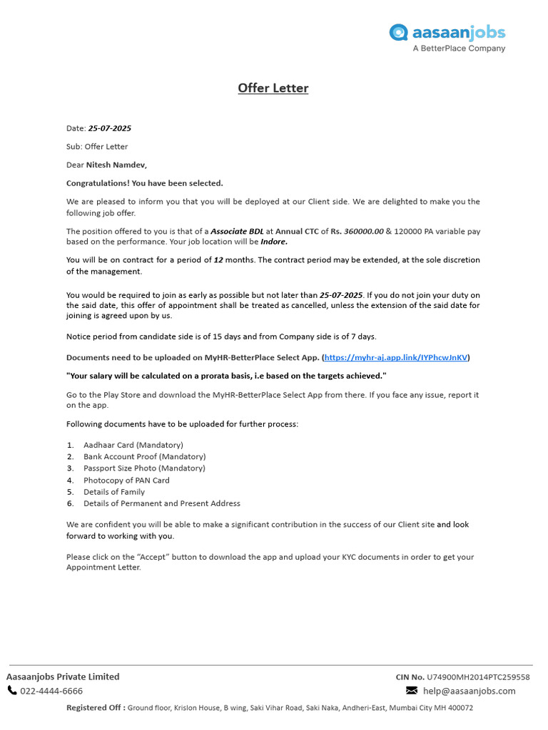 Associate BDL Offer Letter Indore | PDF