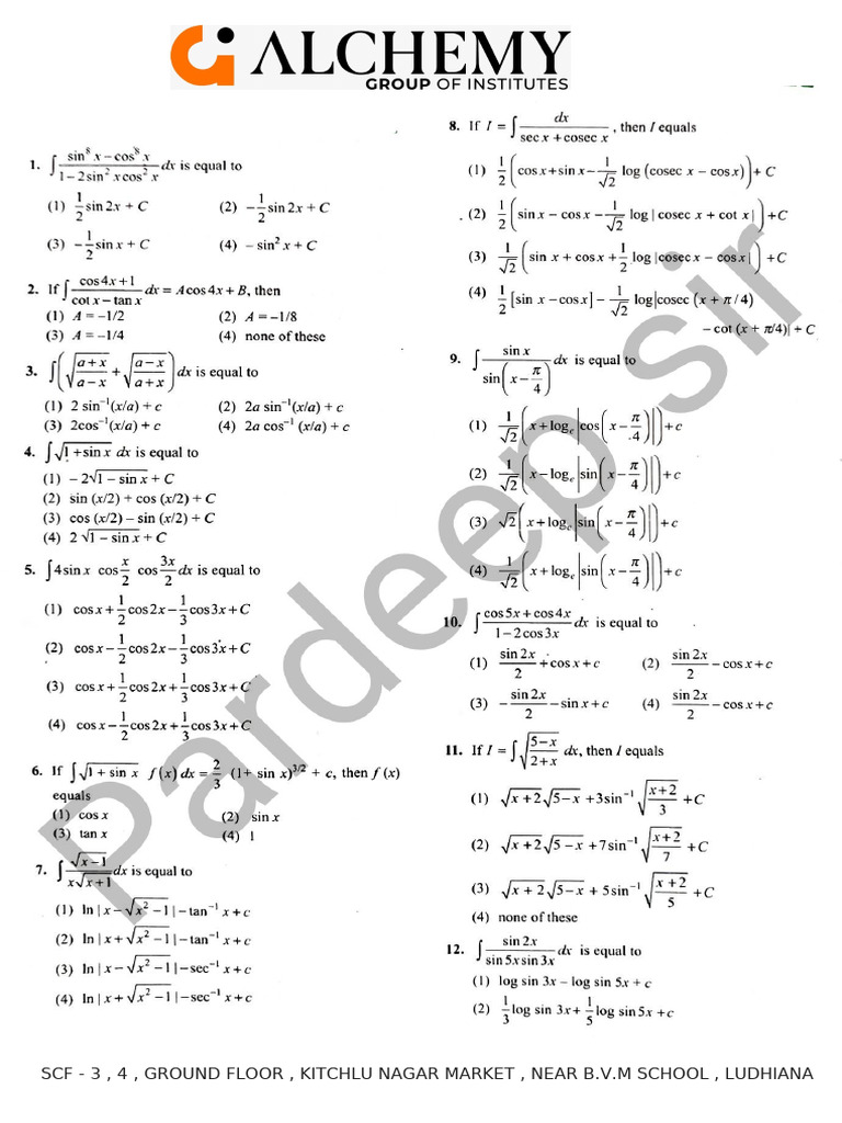 Jee Ques Indefinite Integration | PDF