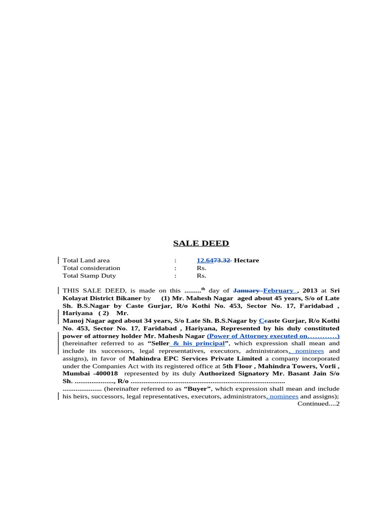 Sale Deed for Solar Project Land in Bikaner | PDF | Deed | Indemnity