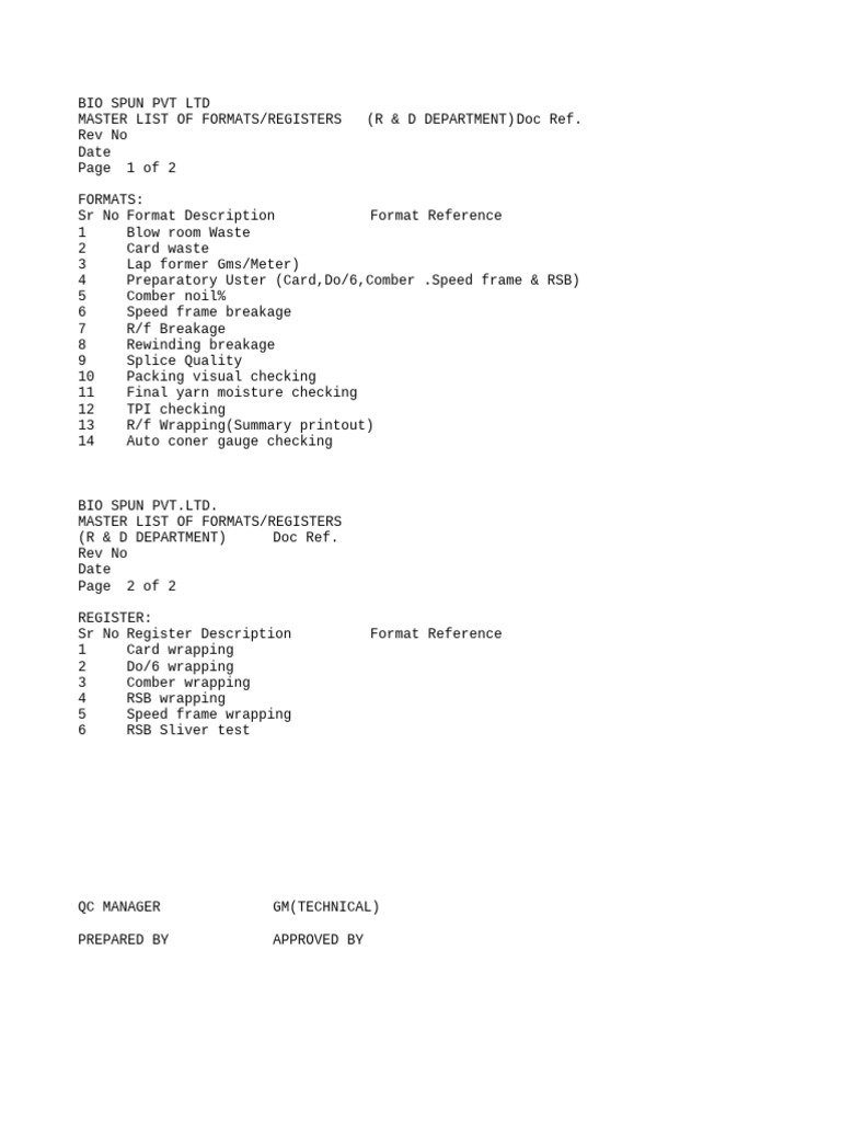 R&D Formats and Registers List | PDF