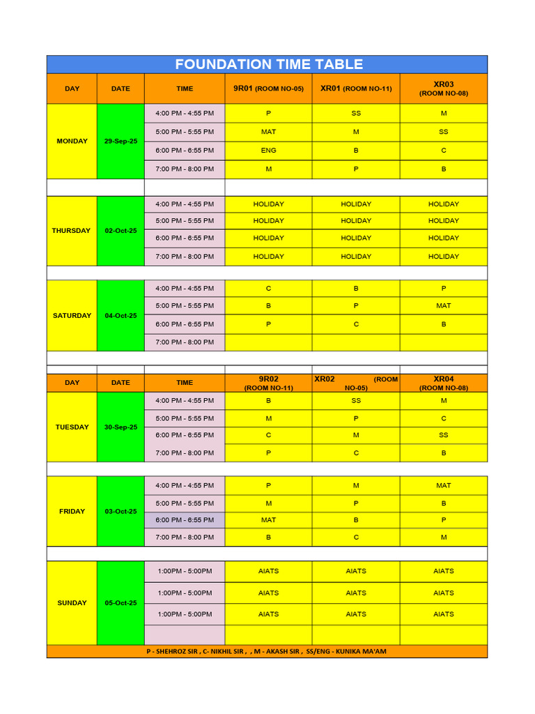 Time Table - 22 Sept - 28sept - Foundation Wing - Branch-1 | PDF