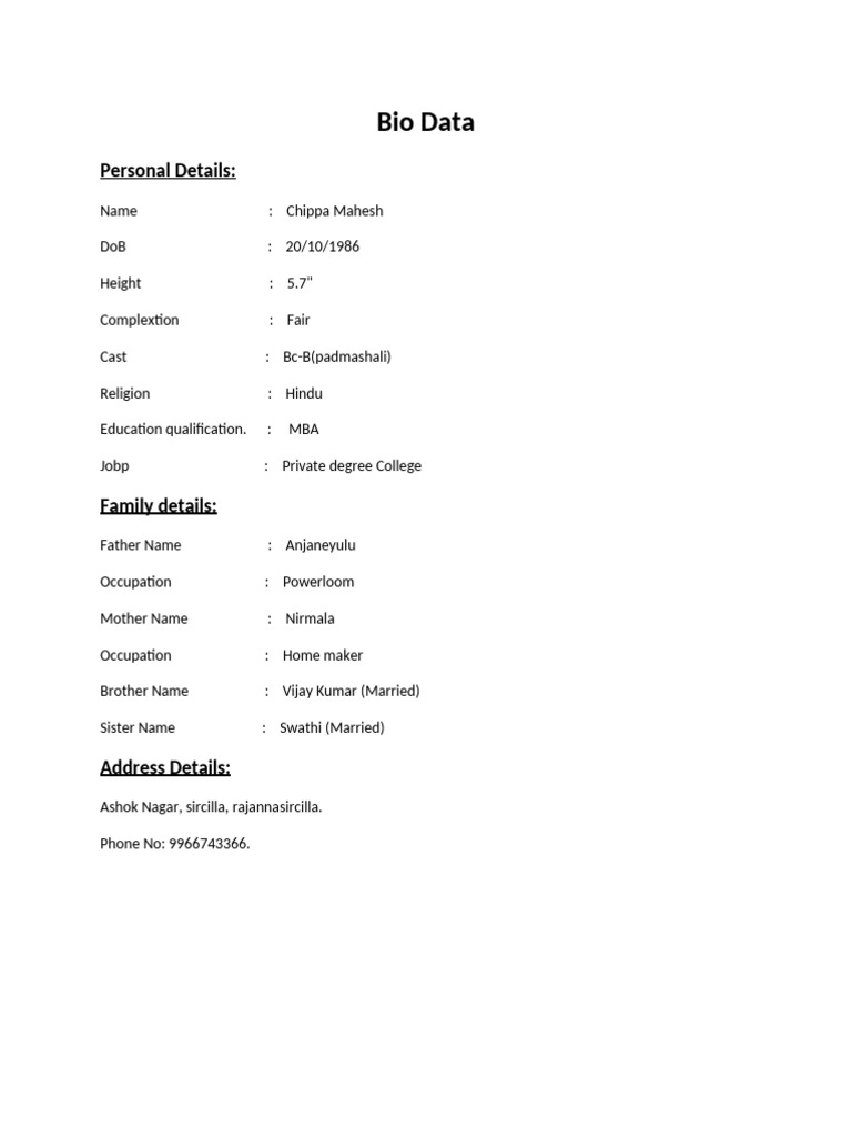 Chippa Mahesh Bio Data Summary | PDF