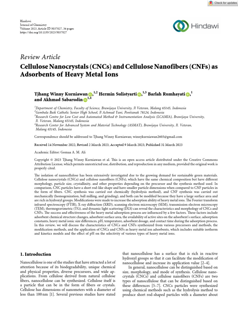 Journal of Chemistry - 2023 - Kurniawan - Cellulose Nanocrystals CNCs ...