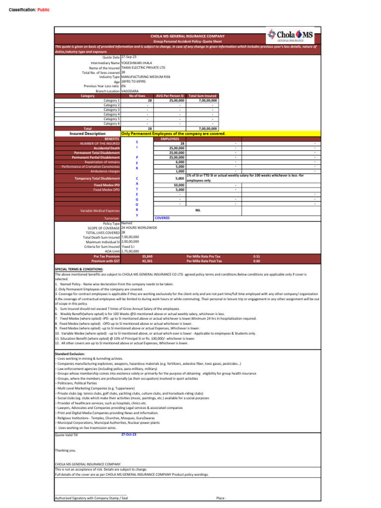 Chola MS Group Accident Insurance Quote | PDF | Insurance | Employment