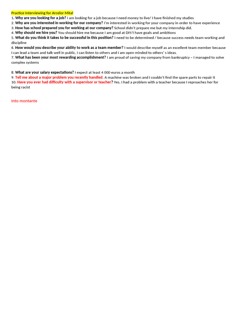 ArcelorMittal Interview Preparation Guide | PDF