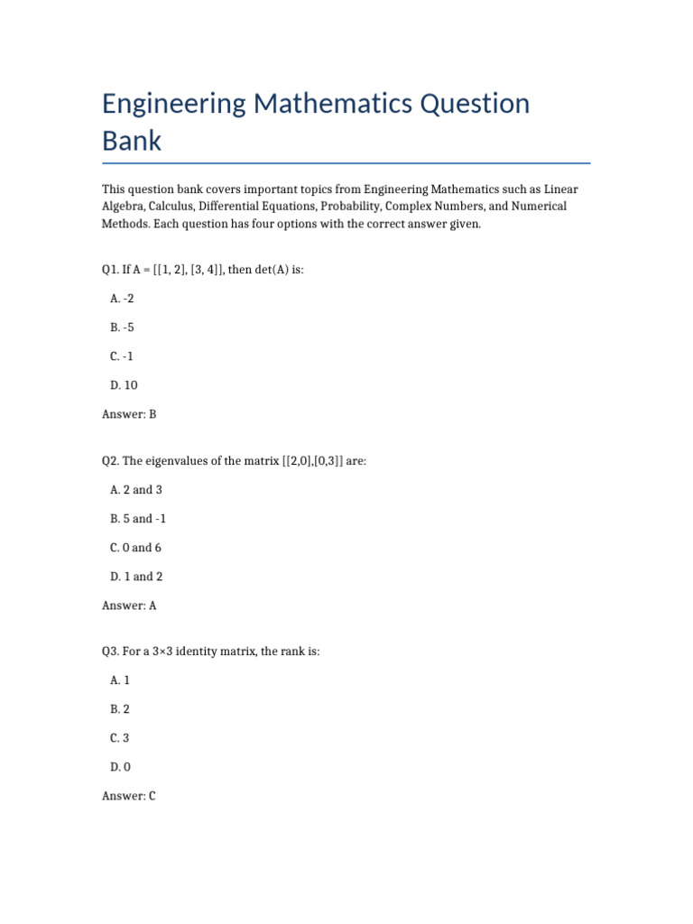 Engineering Mathematics Question Bank | PDF | Laplace Transform ...