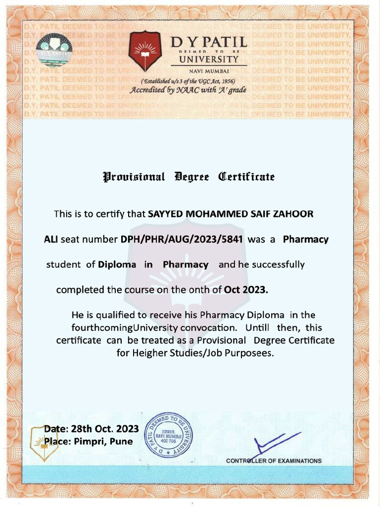 Provisional Certificate For DY Patil University | PDF