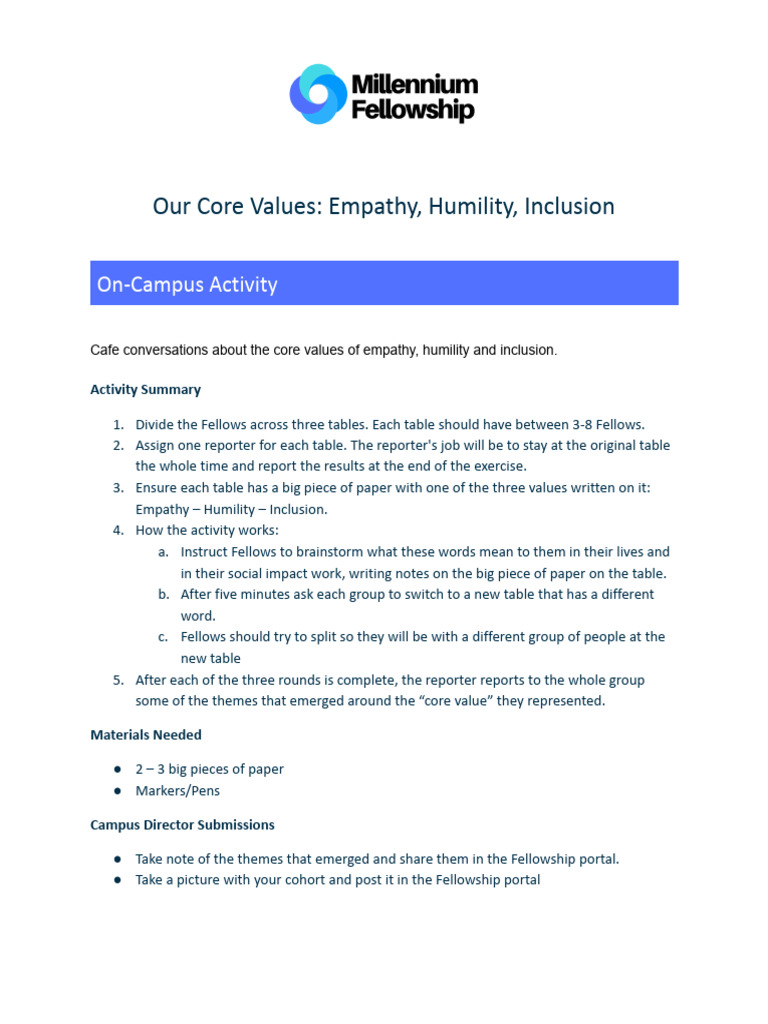 Core Values Activity: Empathy, Humility, Inclusion | PDF