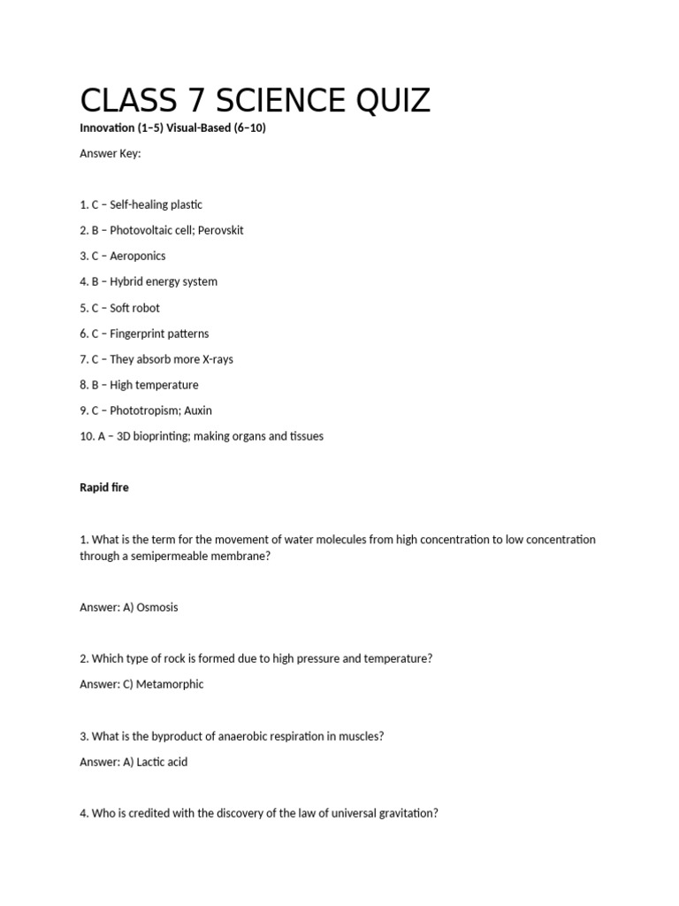Class 7 Science Quiz with Answers | PDF