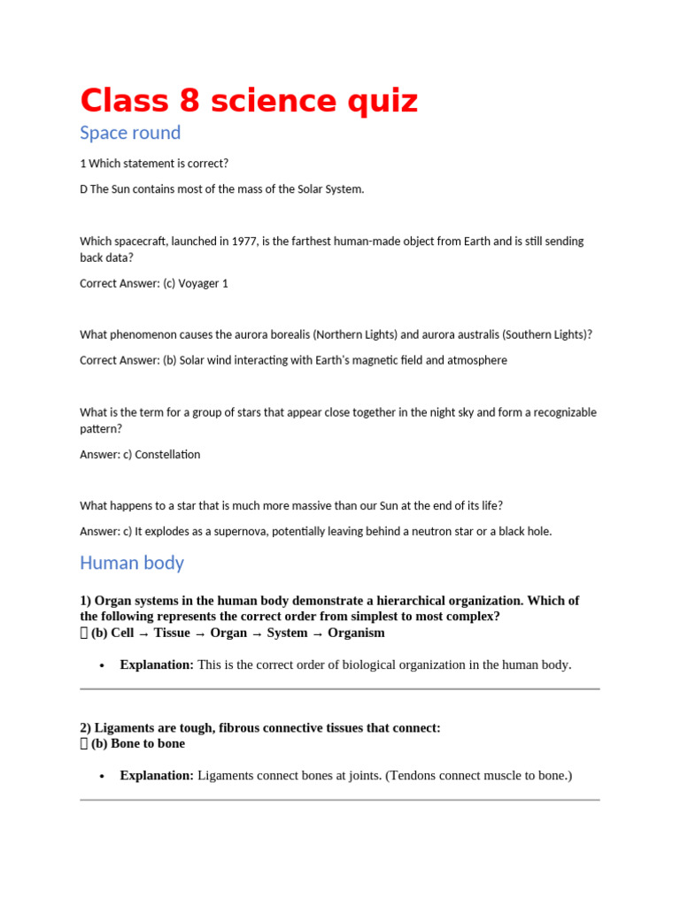 Class 8 Science Quiz: Space & Human Body | PDF