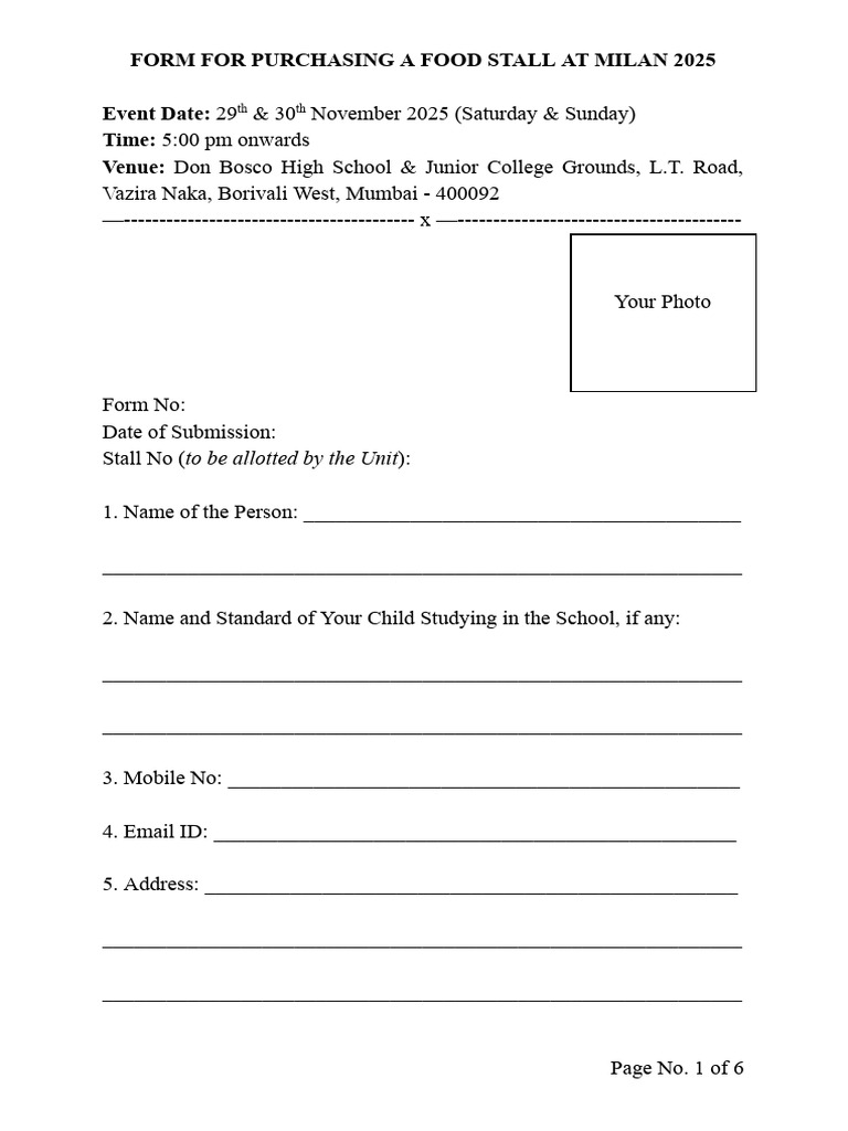 Food Stall Purchase Form for Milan 2025 | PDF