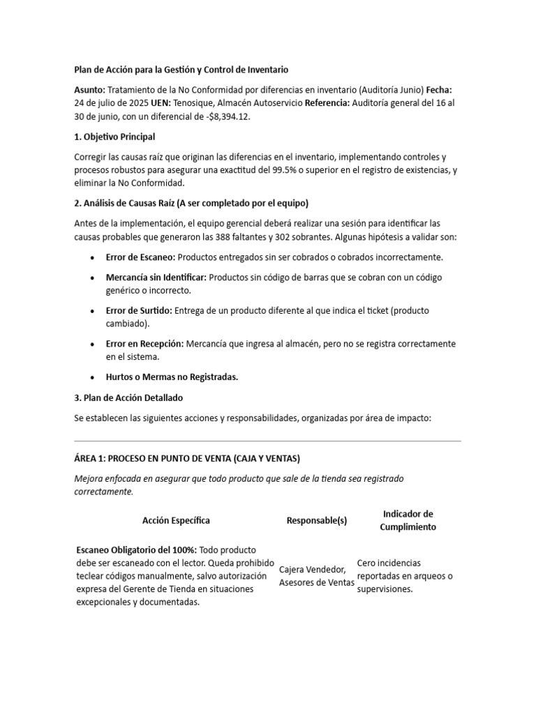 Plan de Acción para Control de Inventario | PDF