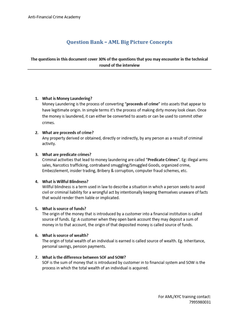 AML/KYC Interview Question Bank | PDF | Money Laundering | Terrorism ...