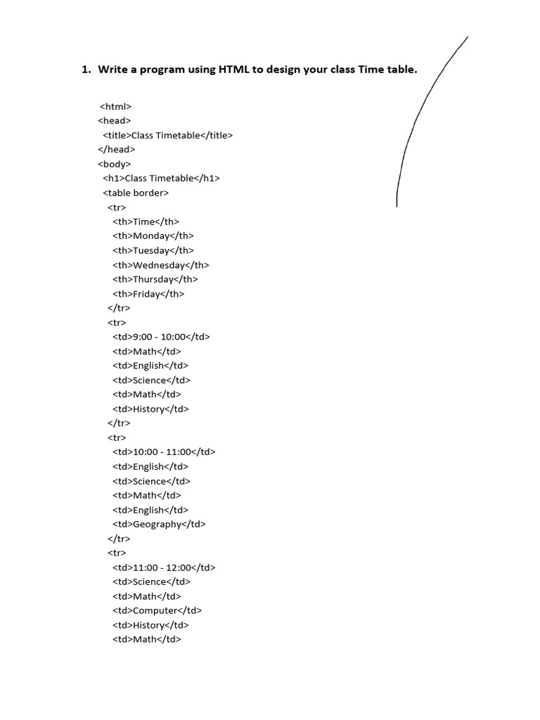 HTML Programs for Timetable and Forms | PDF | Html | Lunch