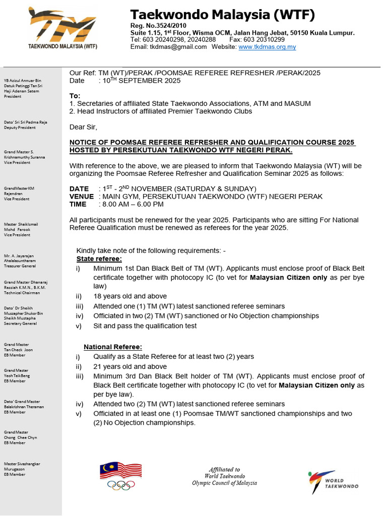 Poomsae Referee Course Notice 2025 | PDF | Taekwondo | Korean Martial Arts