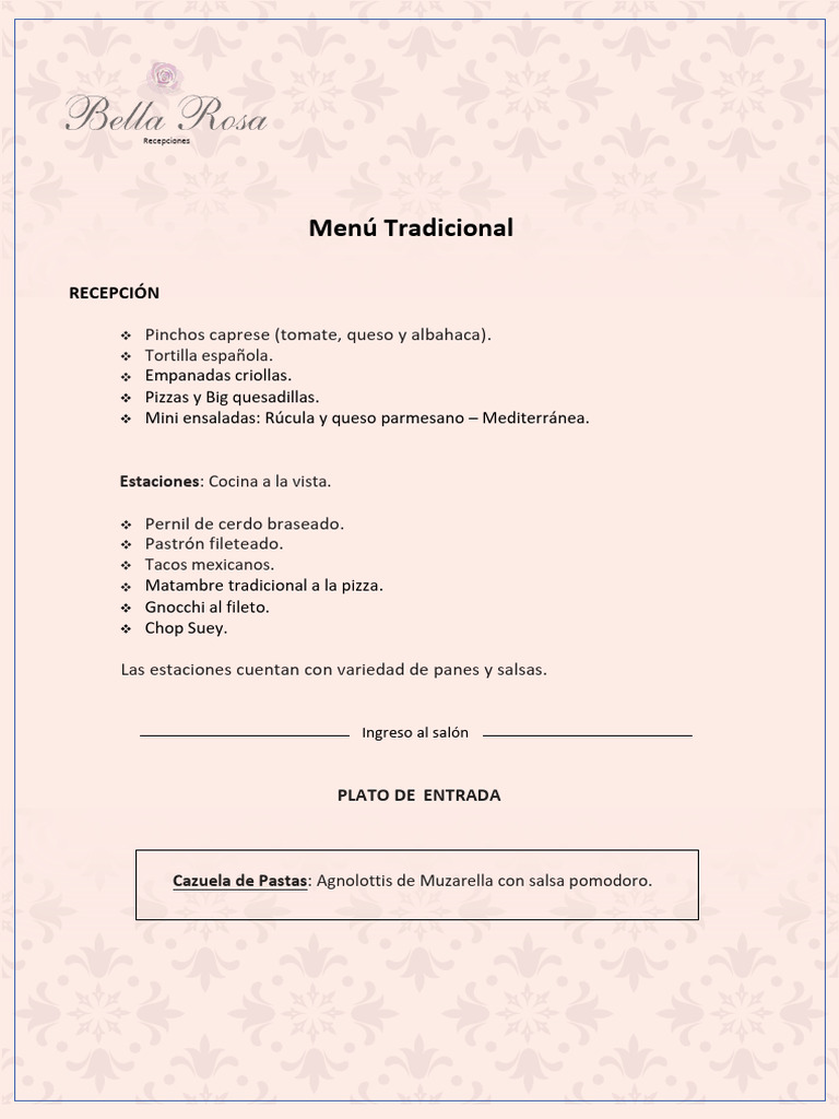 Menú de Recepciones Bella Rosa | PDF | Postres | ensalada