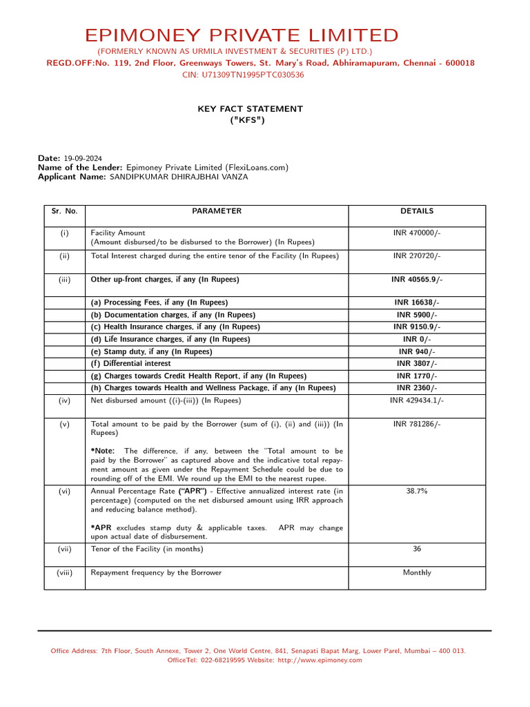 Key Fact Statement - 66e80b48zk7hv - 1726723080446 | PDF | Annual ...