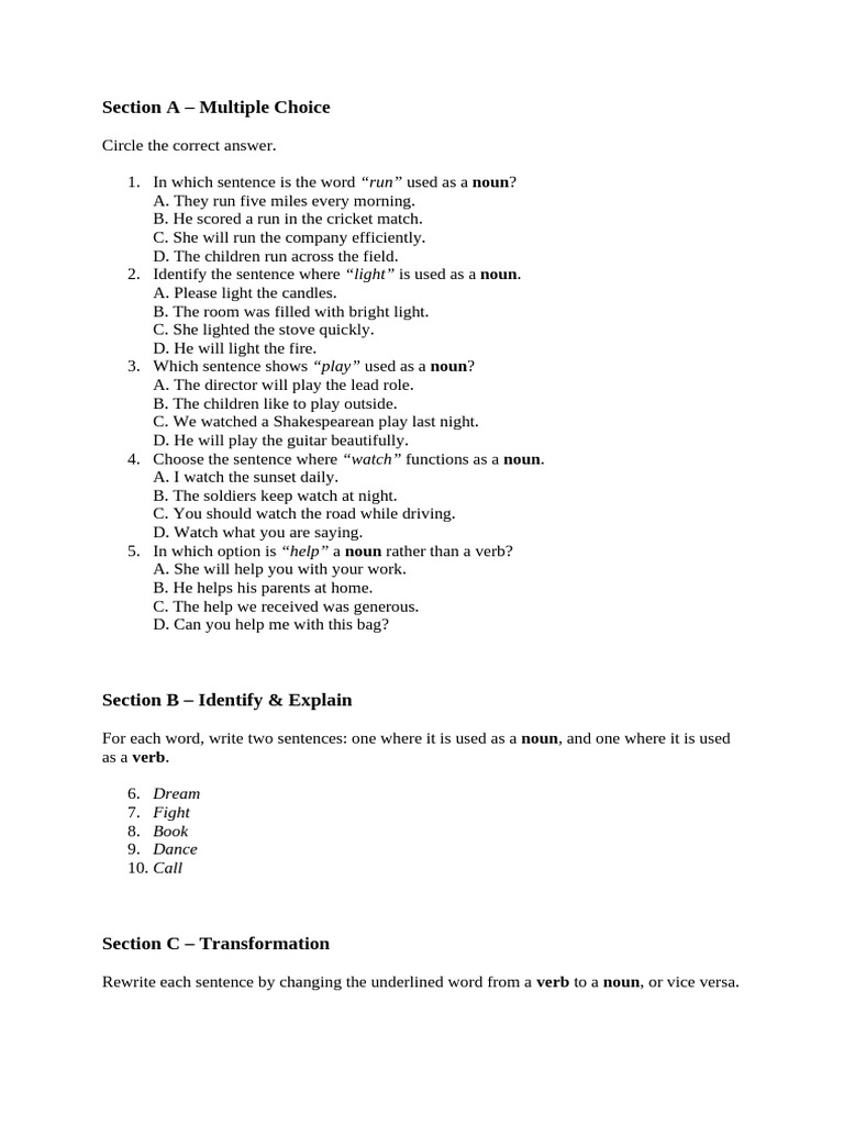 Noun and Verb Usage Exercises | PDF | Verb | Grammar