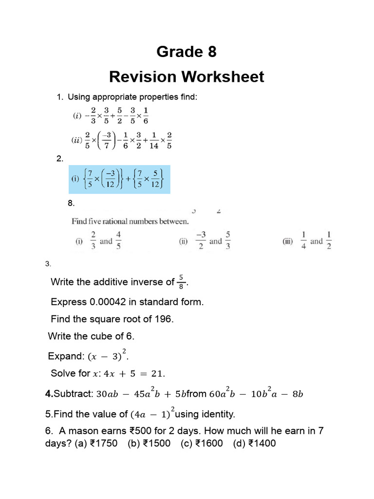 Revision Worksheet Grade 8 | PDF
