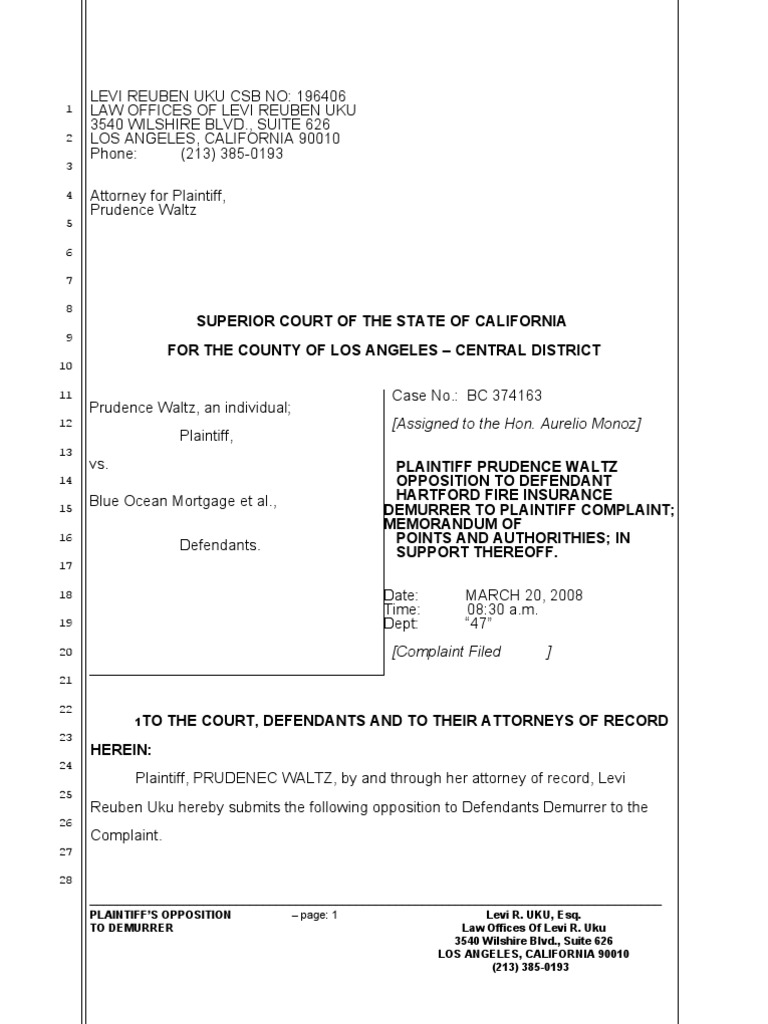 Opposition to Demurrer in CA Case | PDF | Demurrer | Pleading